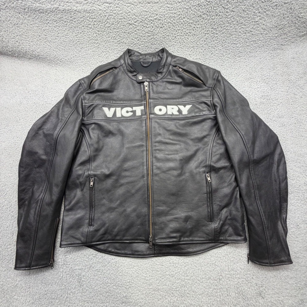 Victory Motorcycles PURE Mens XXL Embroidered Logo Black Leather Biker Jacket